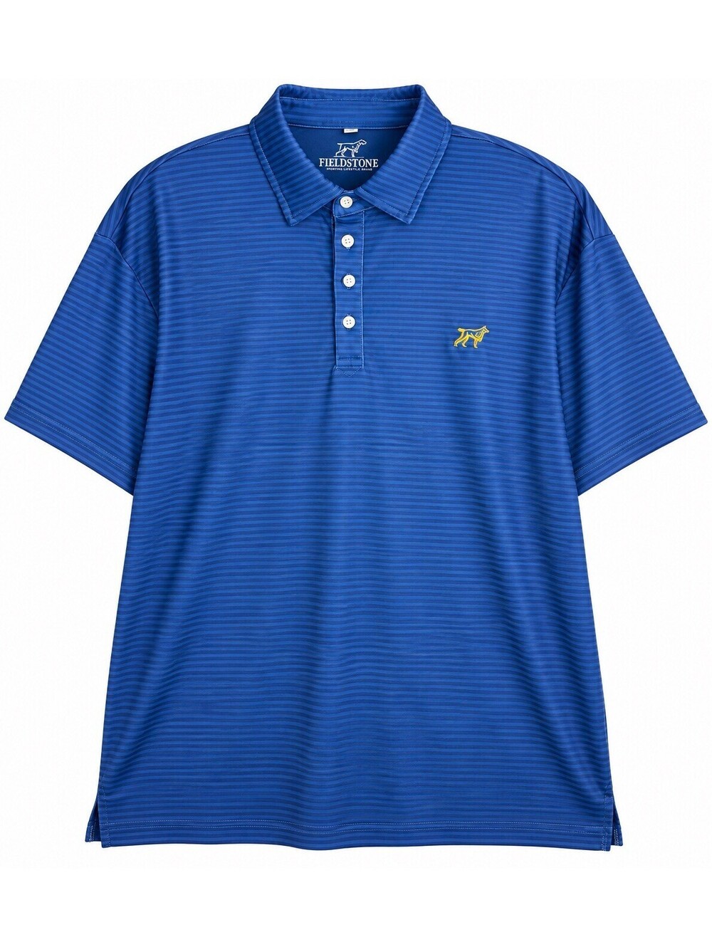 Fieldstone Mens XL Performance Polo Blue Striped Labrador Dog Golf Stretch Shirt